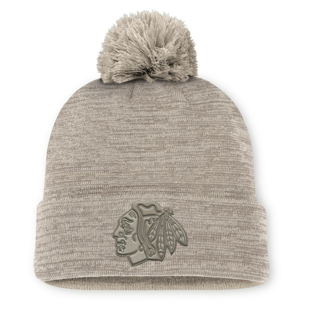 Chicago Blackhawks Fanatics Authentic Pro Road Cuffed Knit Hat with Pom - Tan Hats