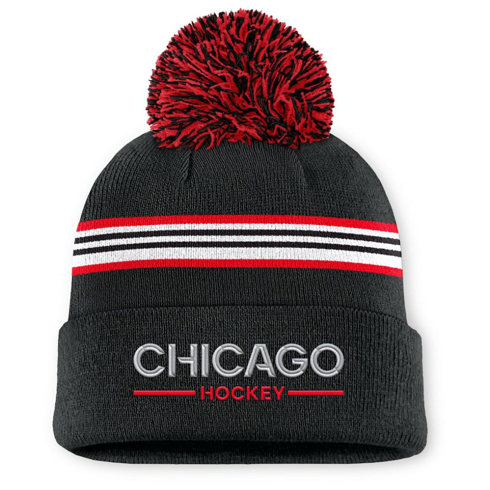 Chicago Blackhawks Fanatics Women's Authentic Pro Rink Cuffed Knit Hat with Pom - Black Hats