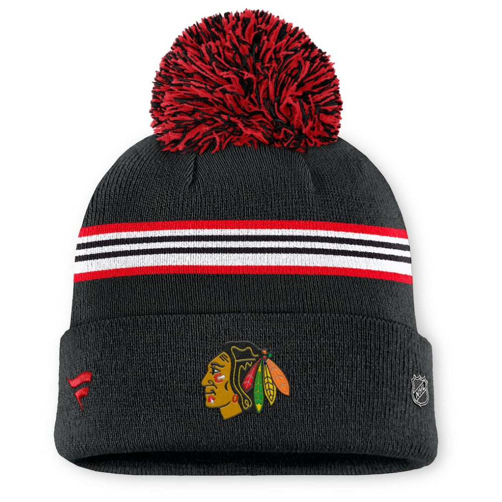 Chicago Blackhawks Fanatics Women's Authentic Pro Rink Cuffed Knit Hat with Pom - Black Hats
