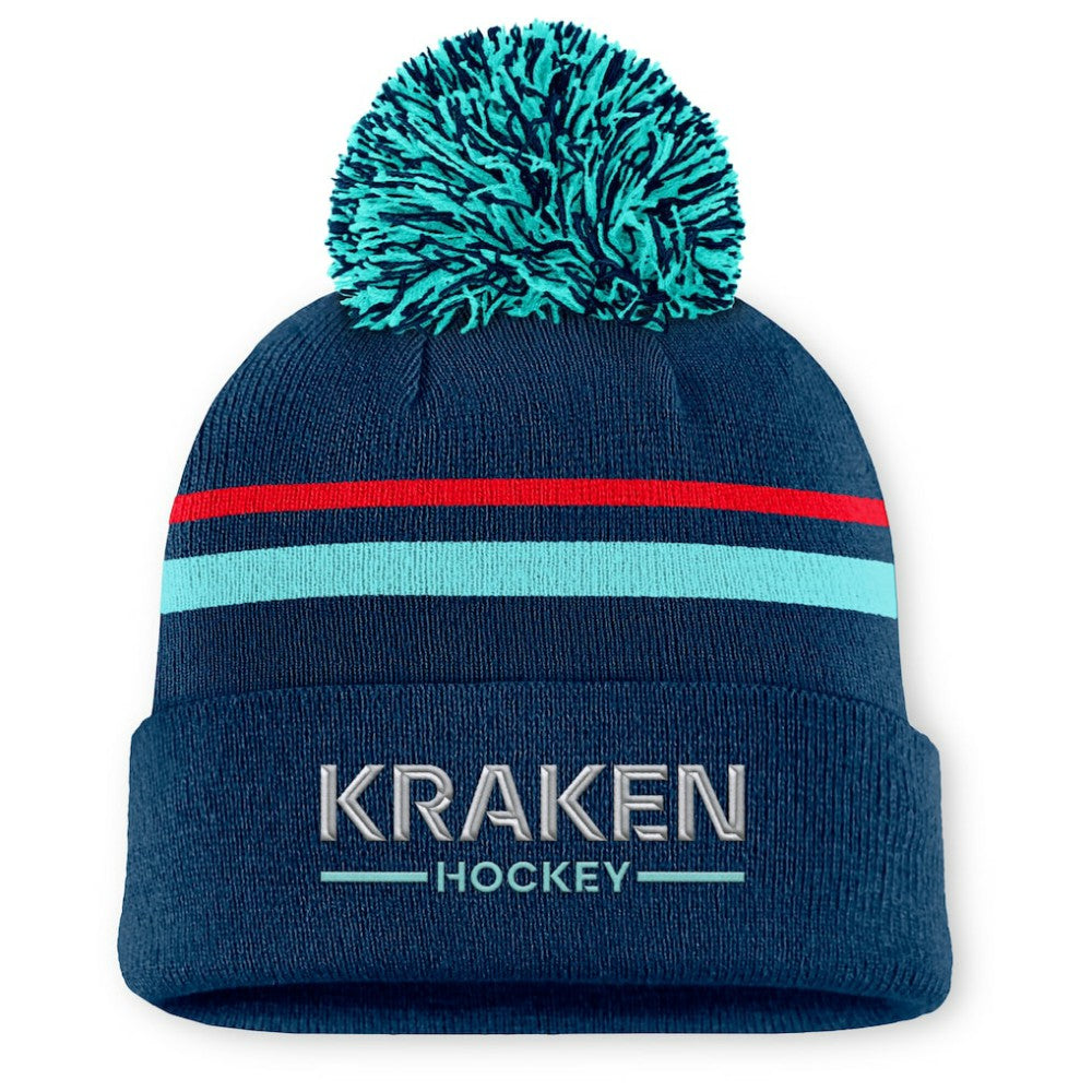 Seattle Kraken Fanatics Women's Authentic Pro Rink Cuffed Knit Hat with Pom - Deep Sea Blue Hats