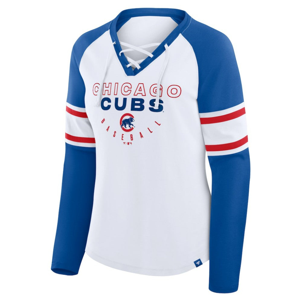 Chicago Cubs Women's Blitz Package Raglan Lace-Up V-Neck Long Sleeve T-Shirt White/Royal