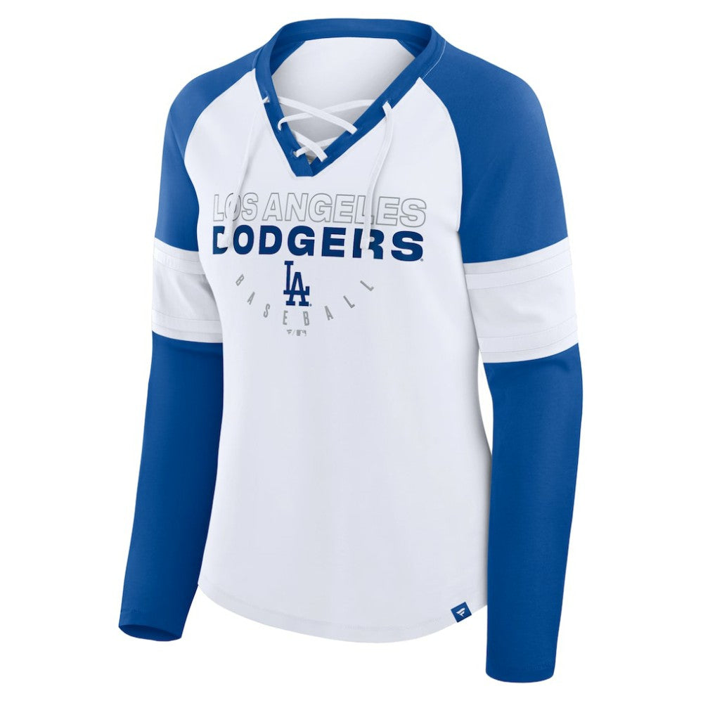 Los Angeles Dodgers Women's Blitz Package Raglan Lace-Up V-Neck Long Sleeve T-Shirt White/Royal