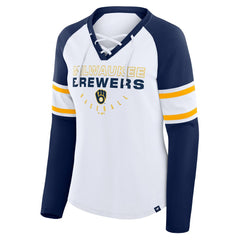 Milwaukee Brewers Women's Blitz Package Raglan Lace-Up V-Neck Long Sleeve T-Shirt White/Navy