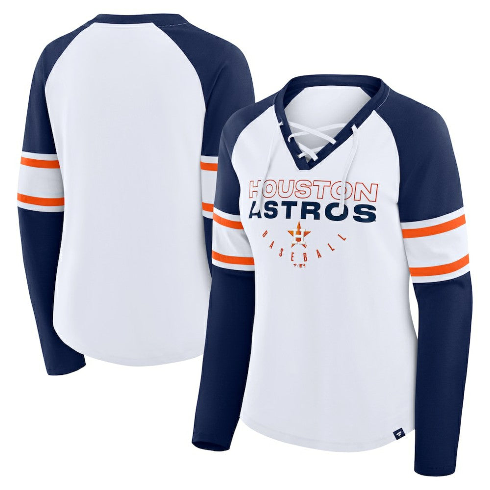 Houston Astros Women's Blitz Package Raglan Lace-Up V-Neck Long Sleeve T-Shirt White/Navy