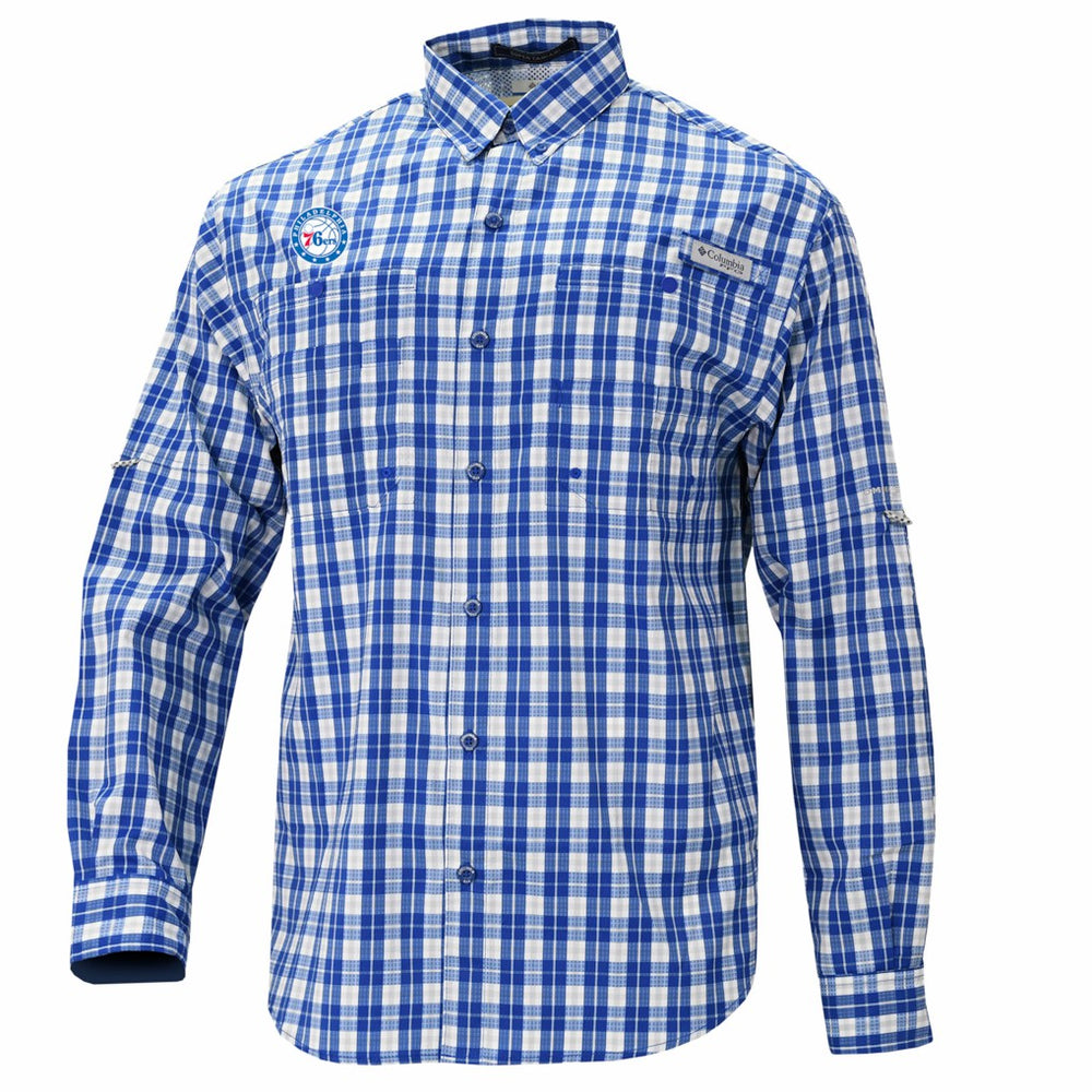 Philadelphia 76ers Super Tamiami Omni-Shade Long Sleeve Button-Down Shirt - Blue for sale