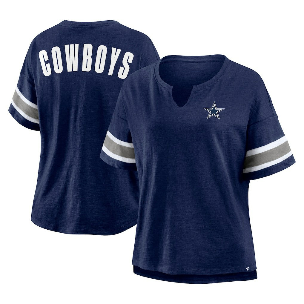 Dallas Cowboys Women's Redzone Bling Stripe Sleeve Notch Neck T-Shirt - Navy outlet