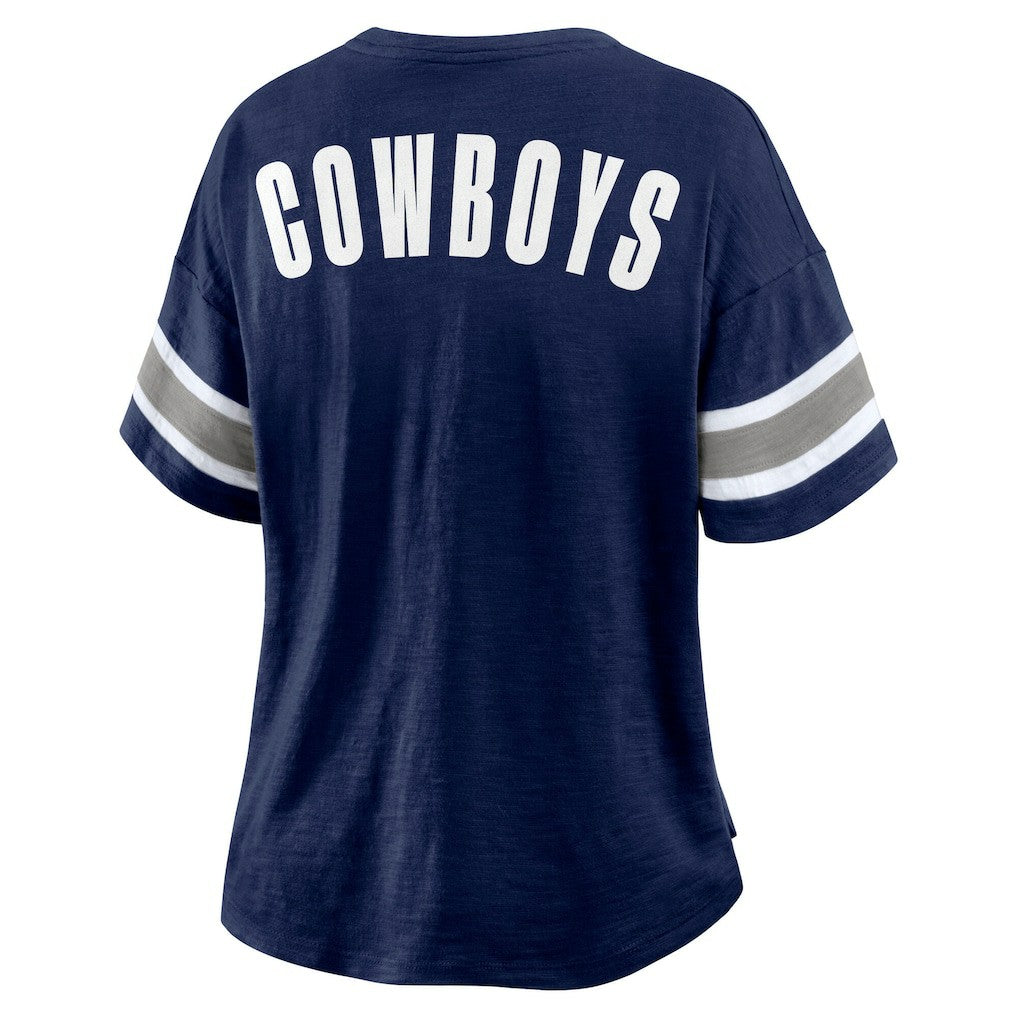 Dallas Cowboys Women's Redzone Bling Stripe Sleeve Notch Neck T-Shirt - Navy outlet