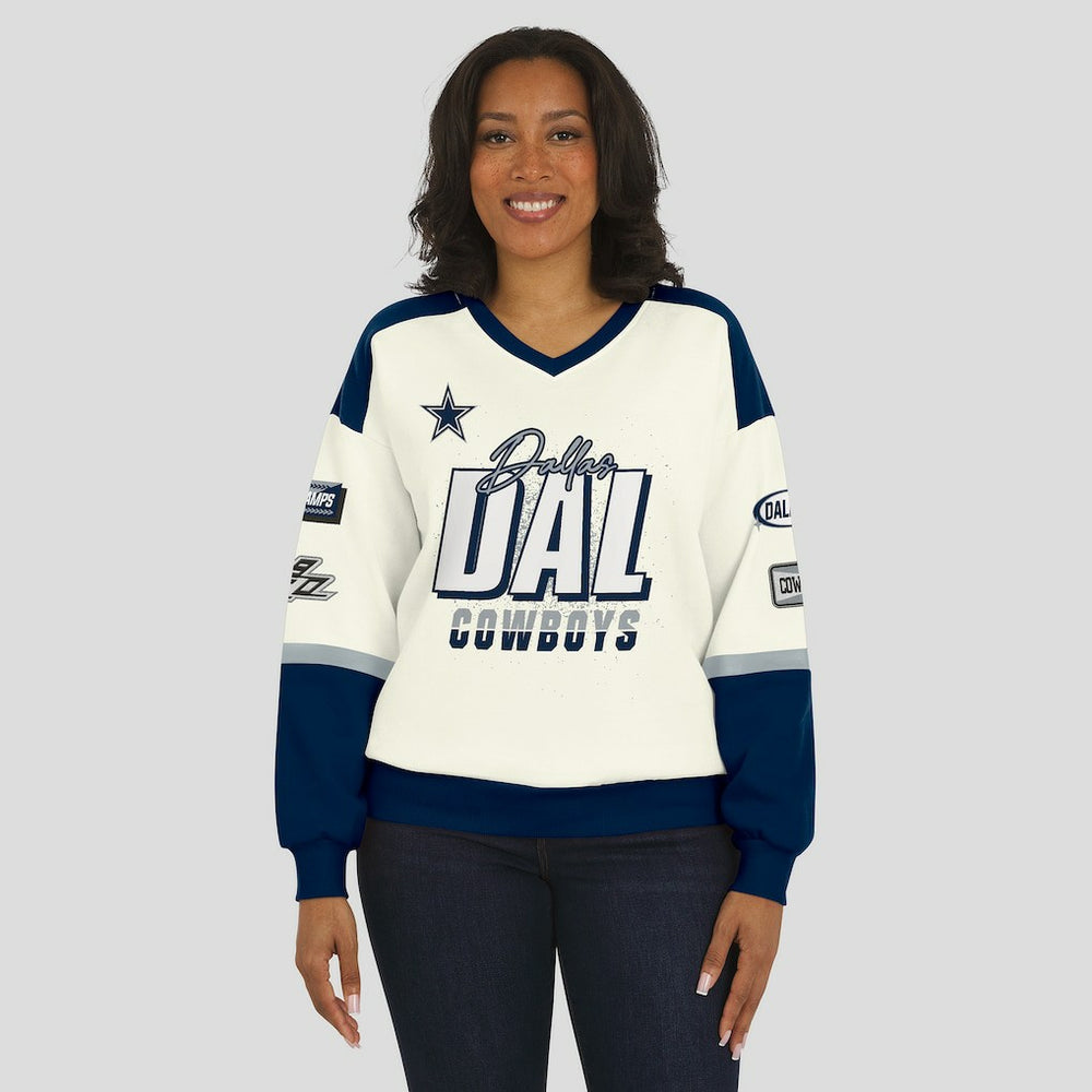 Dallas Cowboys WEAR by Erin Andrews Women's Racing Crew V-Neck Sweatshirt - Cream online