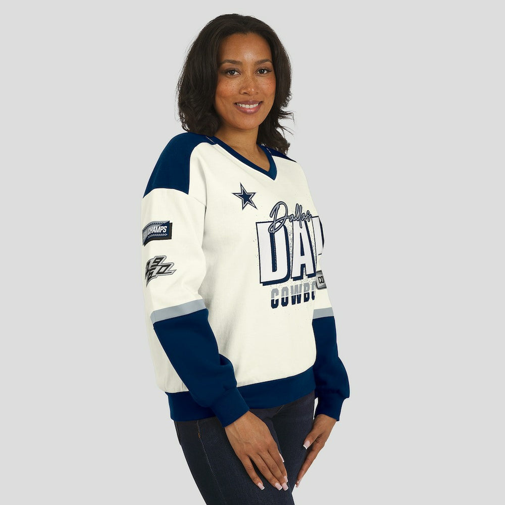 Dallas Cowboys WEAR by Erin Andrews Women's Racing Crew V-Neck Sweatshirt - Cream online
