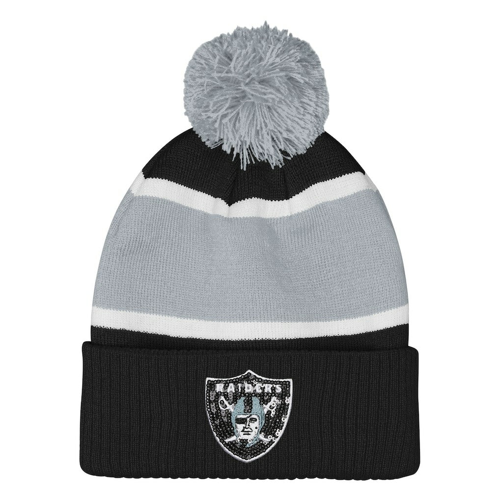 Las Vegas Raiders Outerstuff Girls Let's Play Cuffed Knit Hat with Pom - Black cheap