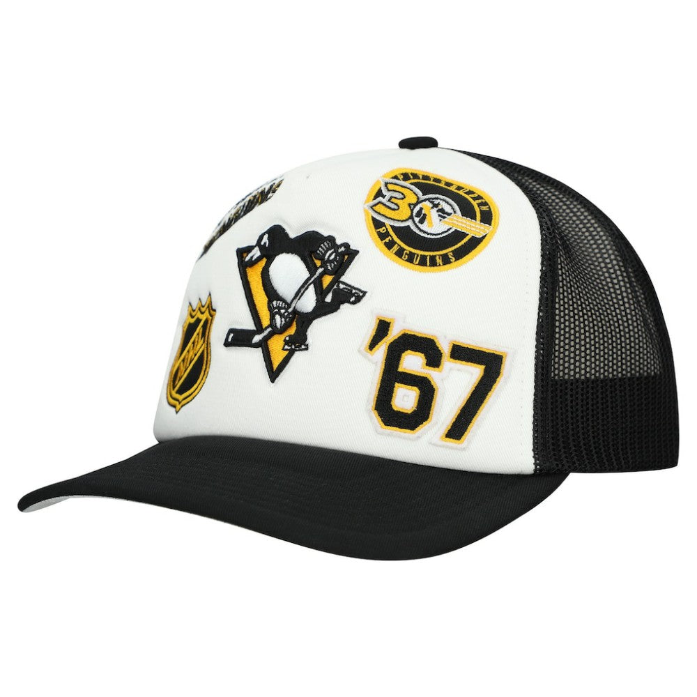 Pittsburgh Penguins Mitchell & Ness Gridlock Trucker Adjustable Hat - White/Black Hats