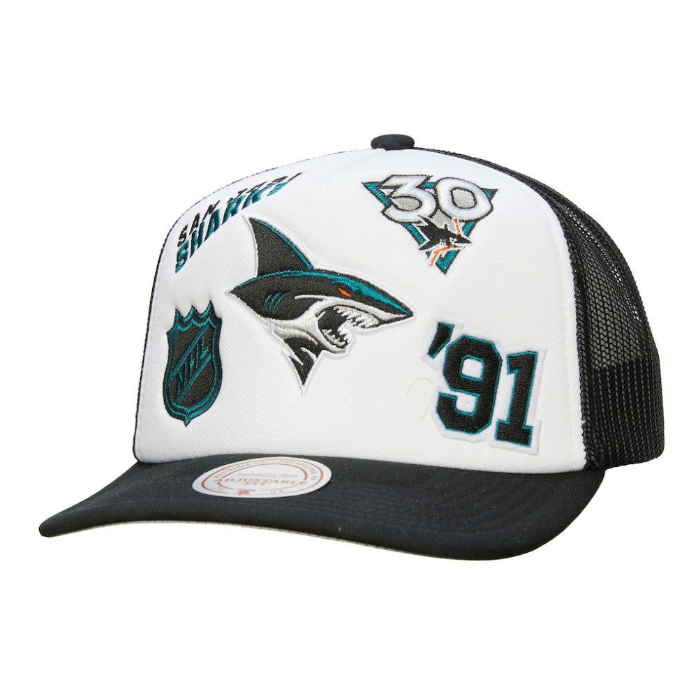 San Jose Sharks Mitchell & Ness Gridlock Trucker Adjustable Hat - White/Black Hats