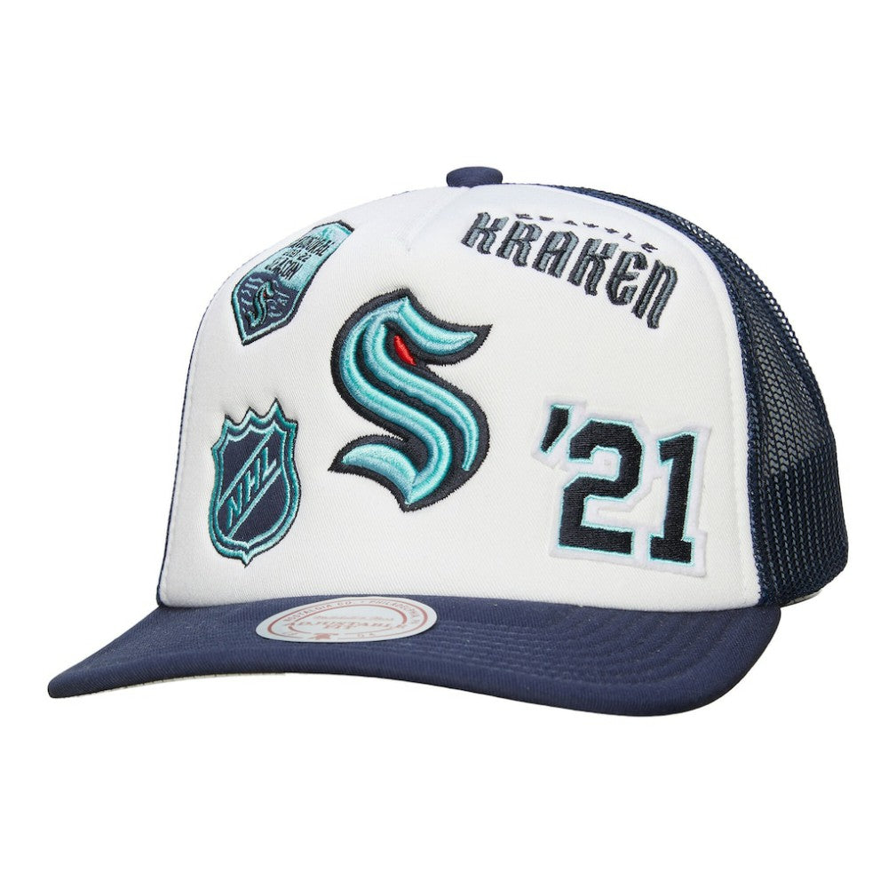Seattle Kraken Mitchell & Ness Gridlock Trucker Adjustable Hat - White/Deep Sea Blue Hats