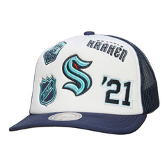 Seattle Kraken Mitchell & Ness Gridlock Trucker Adjustable Hat - White/Deep Sea Blue Hats