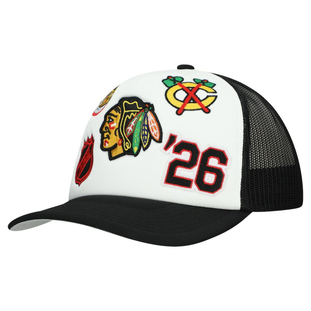 Chicago Blackhawks Mitchell & Ness Gridlock Trucker Adjustable Hat - White/Black Hats