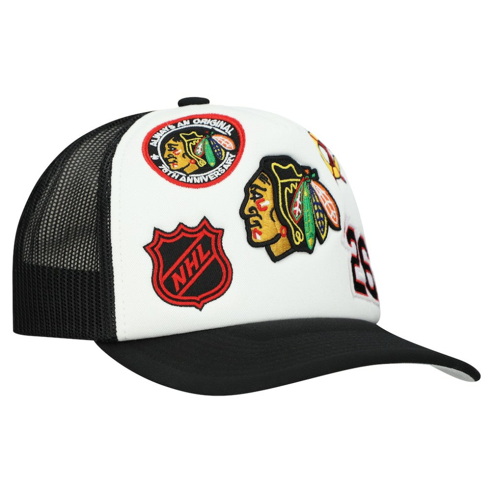 Chicago Blackhawks Mitchell & Ness Gridlock Trucker Adjustable Hat - White/Black Hats