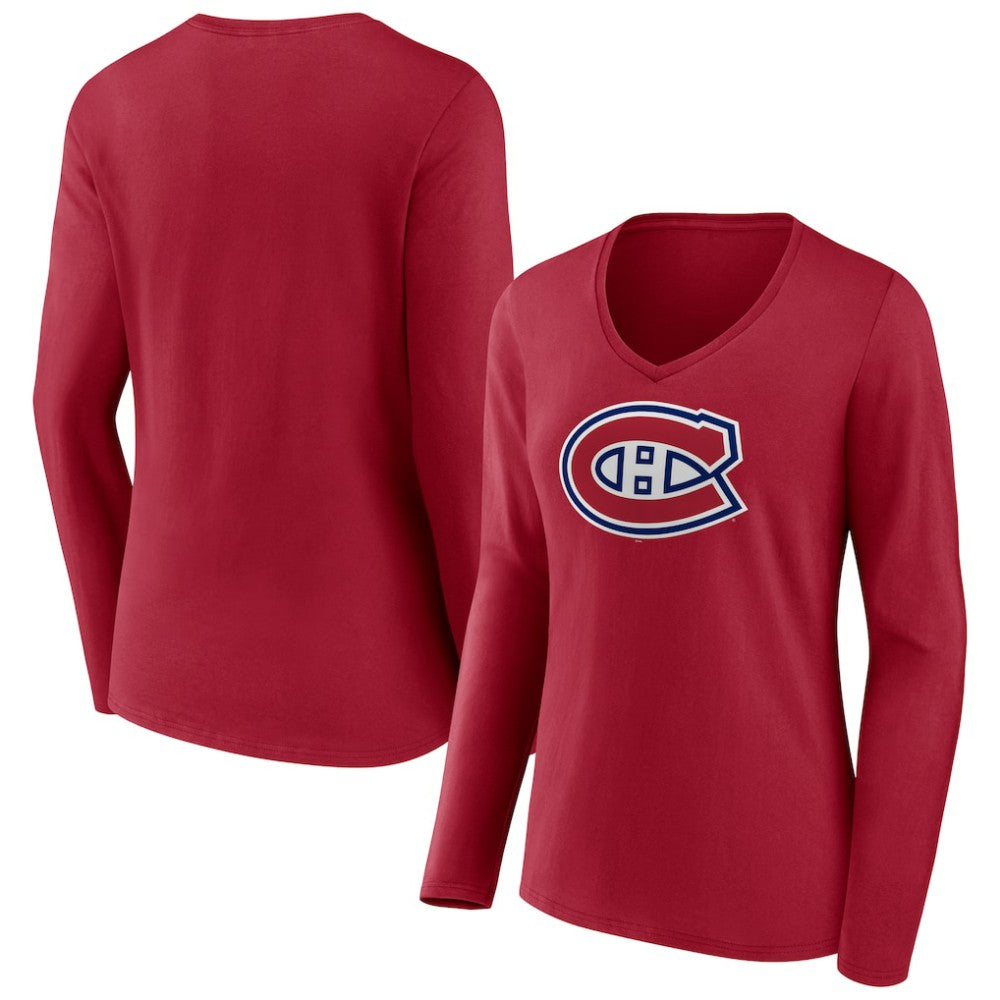 Montreal Canadiens Women's Primary Logo Long Sleeve V-Neck T-Shirt - Red T-shirts