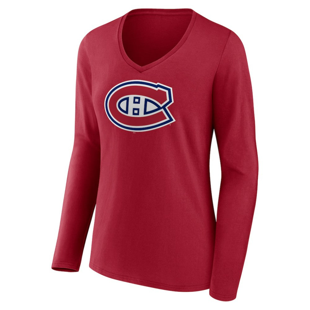 Montreal Canadiens Women's Primary Logo Long Sleeve V-Neck T-Shirt - Red T-shirts