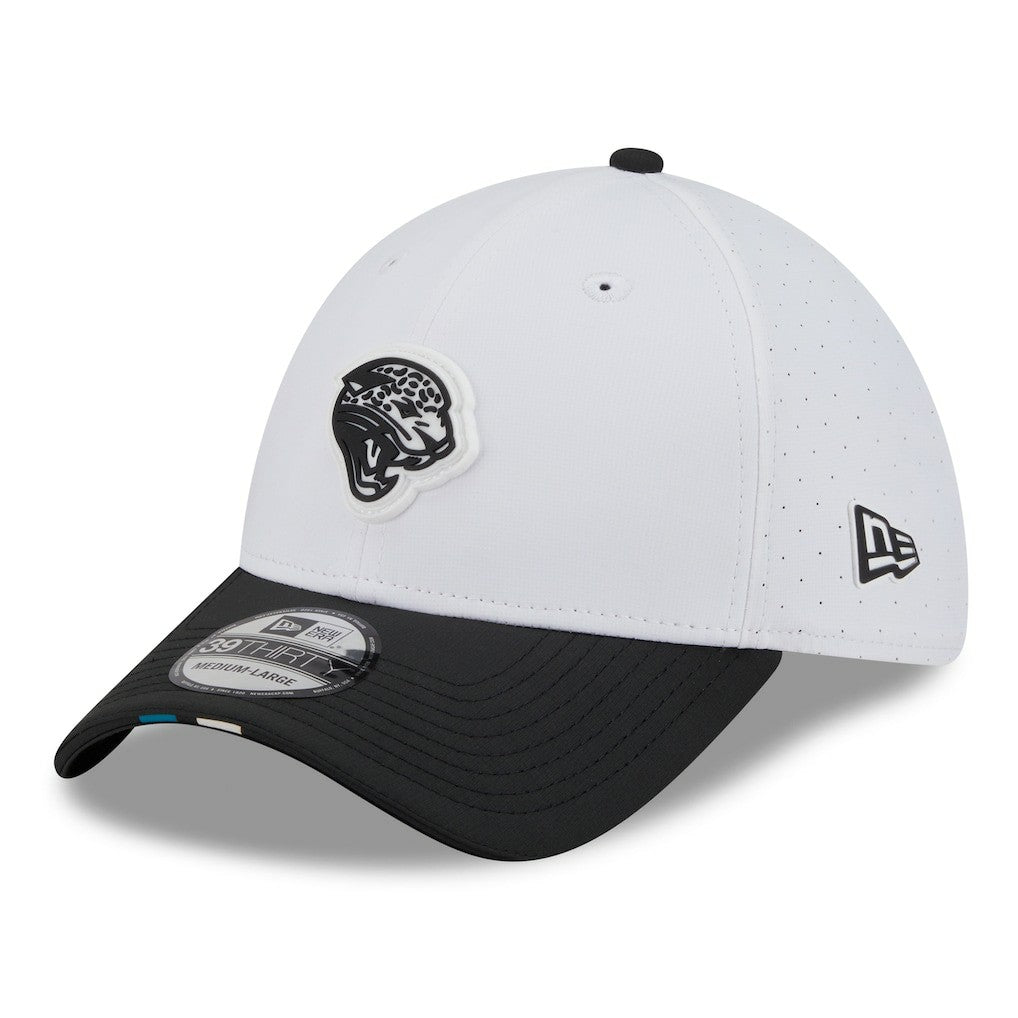 Jacksonville Jaguars New Era 2025 NFL Training Camp Throwback Logo 39THIRTY Flex Hat - White/Black sale