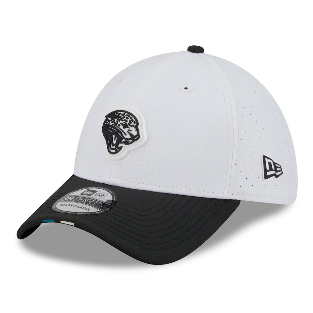 Jacksonville Jaguars New Era 2025 NFL Training Camp Throwback Logo 39THIRTY Flex Hat - White/Black sale