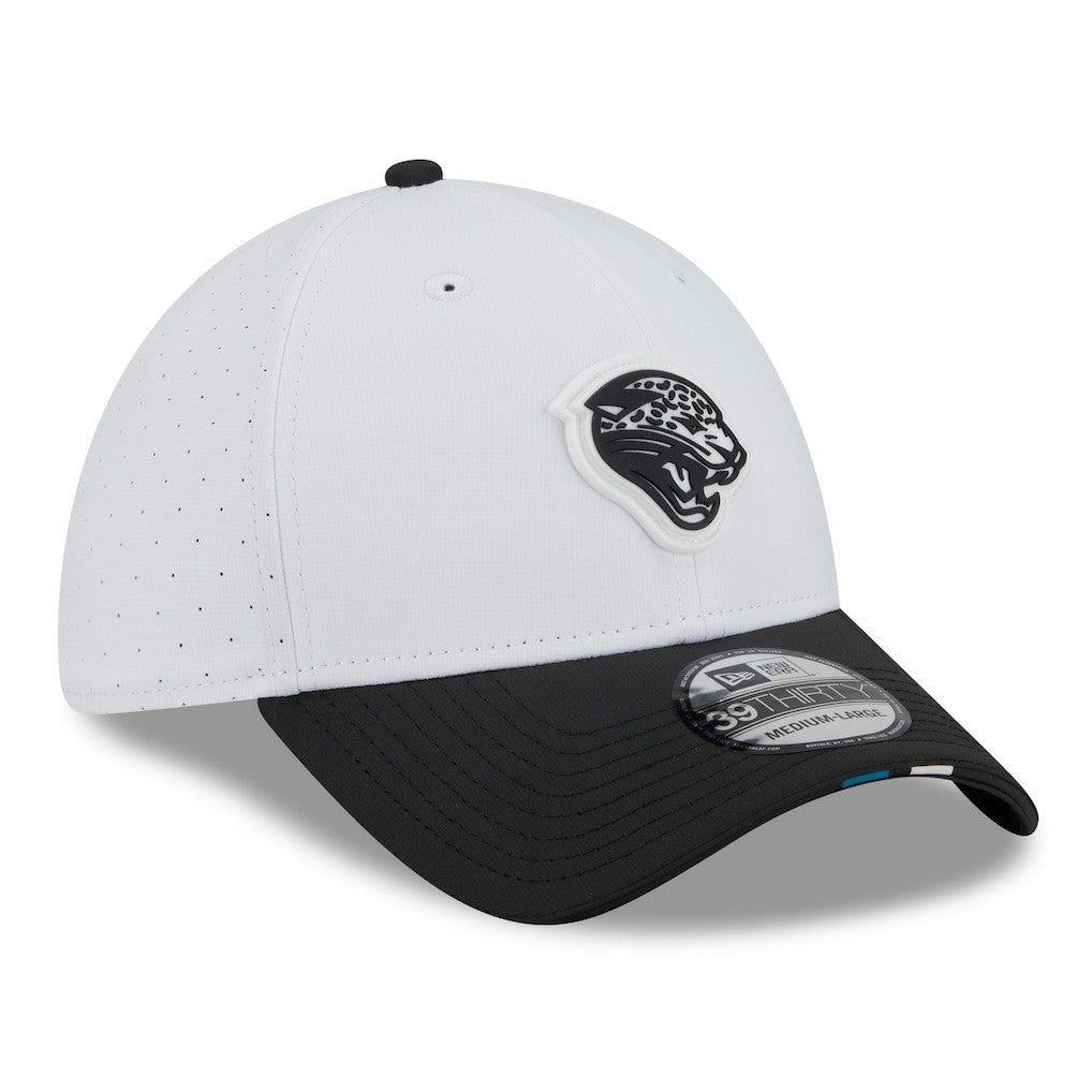 Jacksonville Jaguars New Era 2025 NFL Training Camp Throwback Logo 39THIRTY Flex Hat - White/Black sale