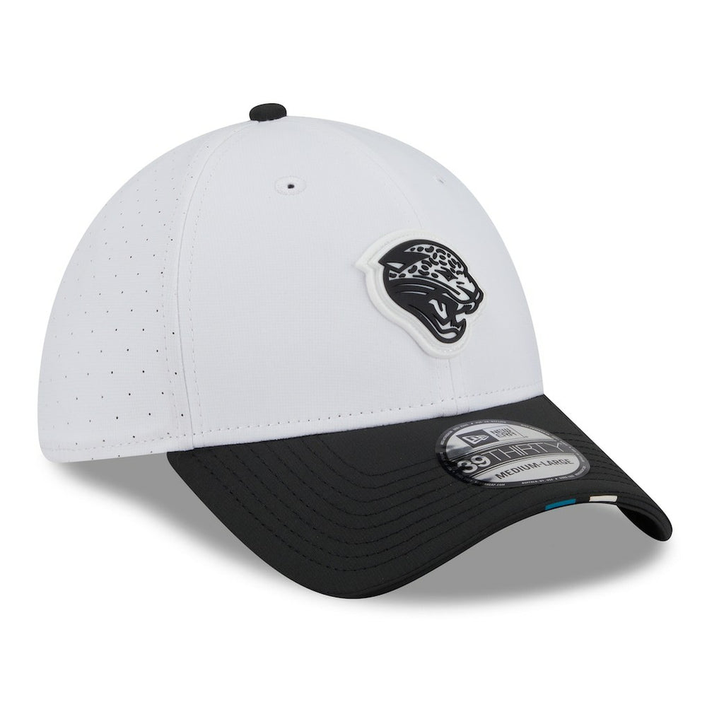Jacksonville Jaguars New Era 2025 NFL Training Camp Throwback Logo 39THIRTY Flex Hat - White/Black sale