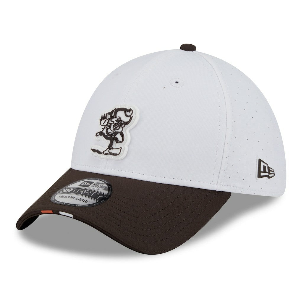 Cleveland Browns New Era 2025 NFL Training Camp Throwback Logo 39THIRTY Flex Hat - White/Brown for sale