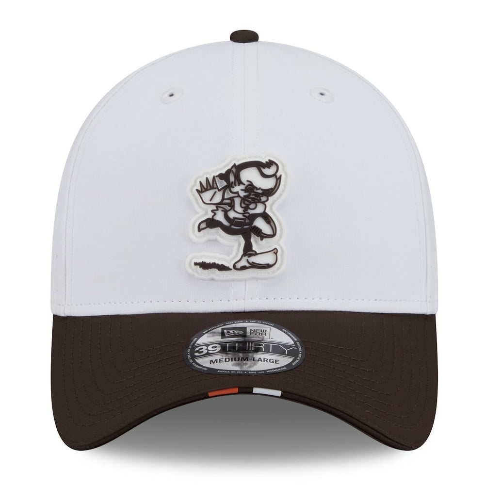 Cleveland Browns New Era 2025 NFL Training Camp Throwback Logo 39THIRTY Flex Hat - White/Brown for sale
