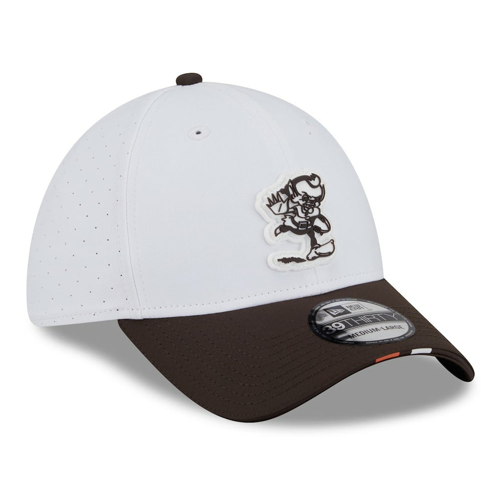 Cleveland Browns New Era 2025 NFL Training Camp Throwback Logo 39THIRTY Flex Hat - White/Brown for sale