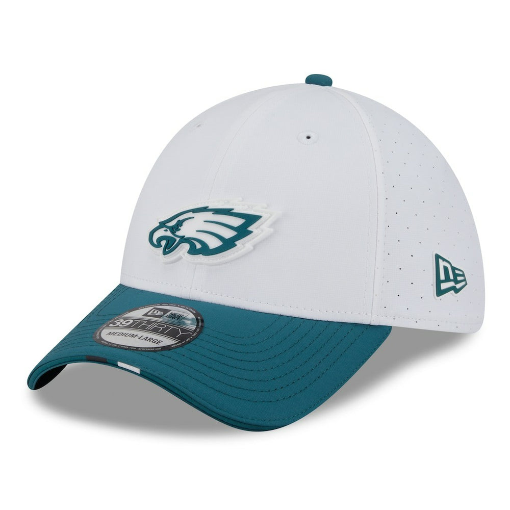 Philadelphia Eagles New Era 2025 NFL Training Camp 39THIRTY Flex Hat - White/Midnight Green on sale