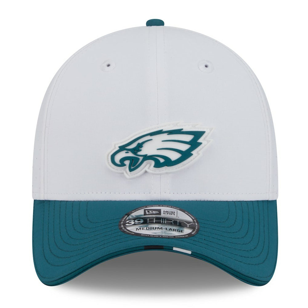 Philadelphia Eagles New Era 2025 NFL Training Camp 39THIRTY Flex Hat - White/Midnight Green on sale
