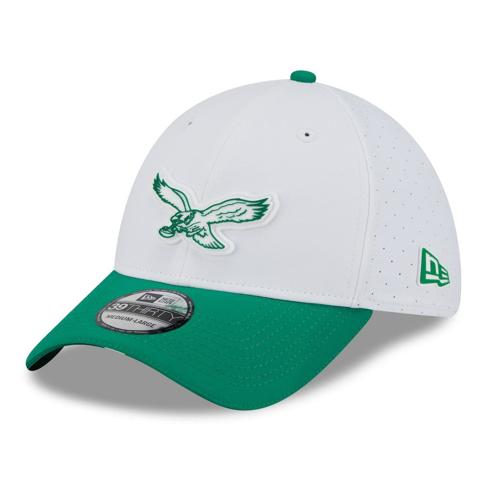 Philadelphia Eagles New Era 2025 NFL Training Camp Throwback Logo 39THIRTY Flex Hat - White/Kelly Green outlet