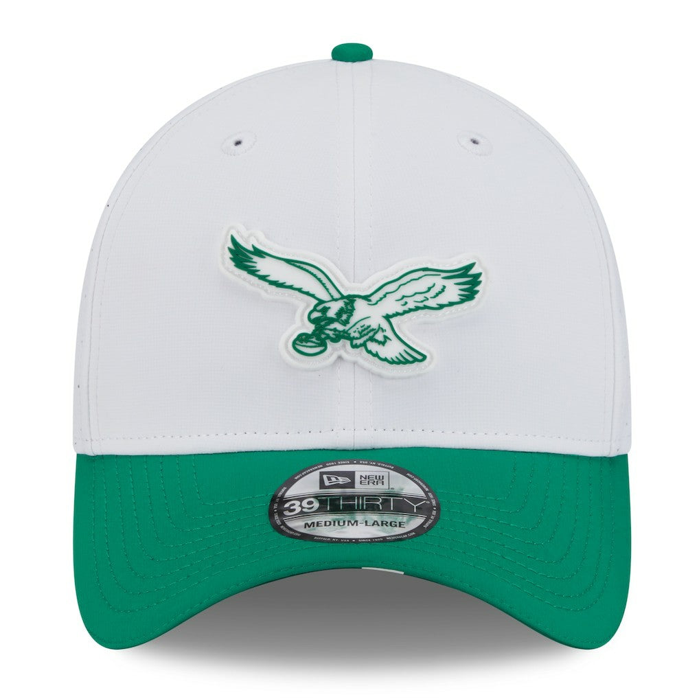 Philadelphia Eagles New Era 2025 NFL Training Camp Throwback Logo 39THIRTY Flex Hat - White/Kelly Green outlet