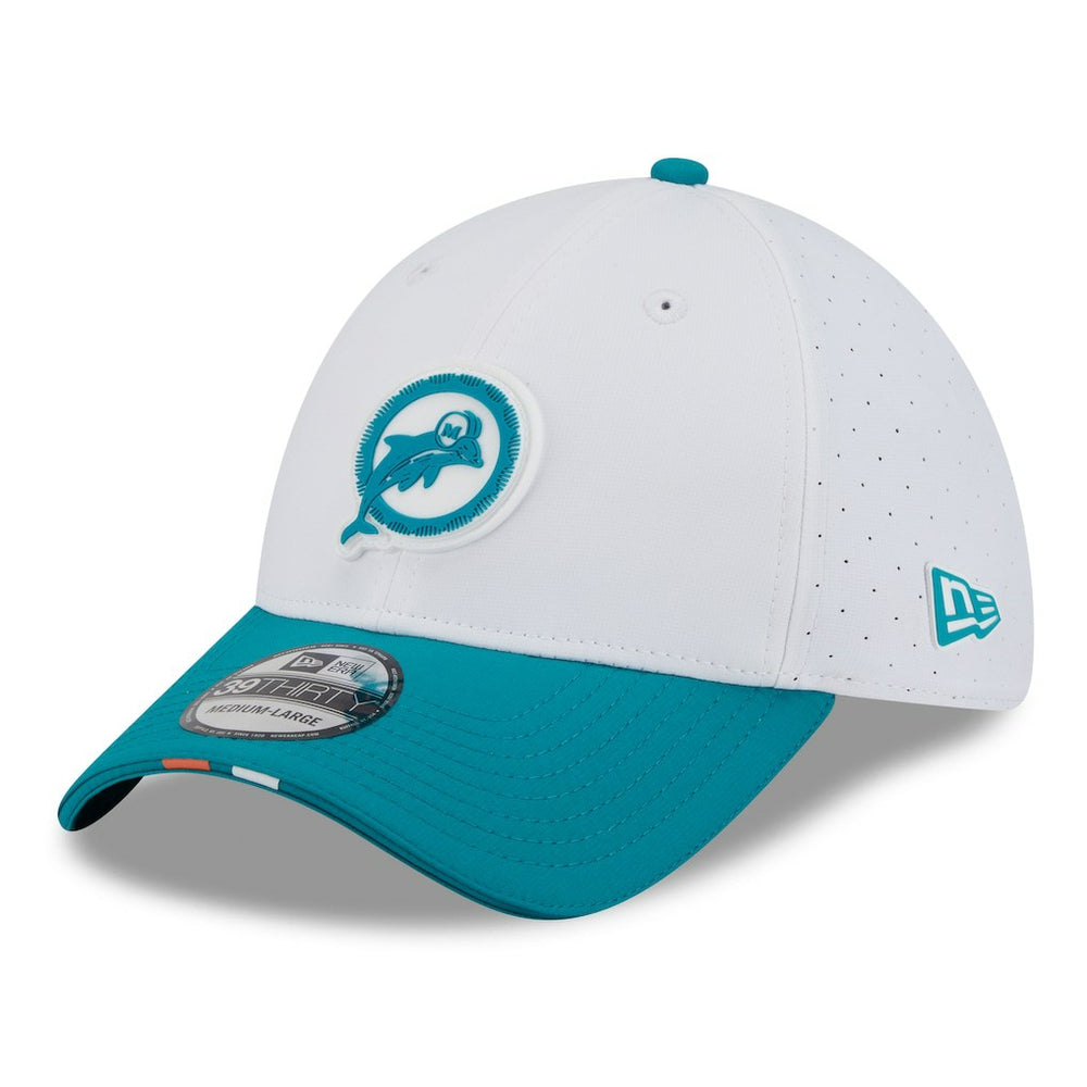 Miami Dolphins New Era 2025 NFL Training Camp Throwback Logo 39THIRTY Flex Hat - White/Aqua on sale