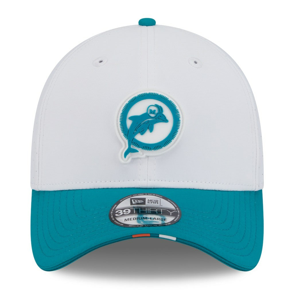 Miami Dolphins New Era 2025 NFL Training Camp Throwback Logo 39THIRTY Flex Hat - White/Aqua on sale