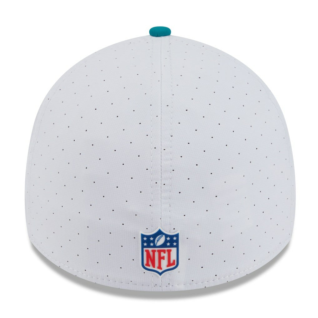 Miami Dolphins New Era 2025 NFL Training Camp Throwback Logo 39THIRTY Flex Hat - White/Aqua on sale