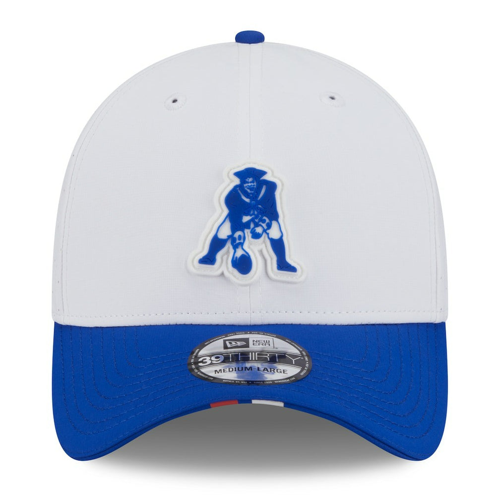 New England Patriots New Era 2025 NFL Training Camp Throwback Logo 39THIRTY Flex Hat - White/Royal discount