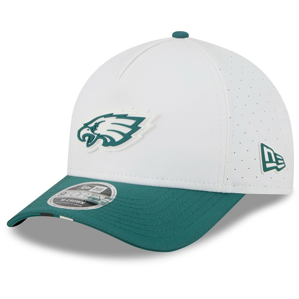 Philadelphia Eagles New Era 2025 NFL Training Camp A-Frame 9FORTY Adjustable Hat - White/Midnight Green on sale
