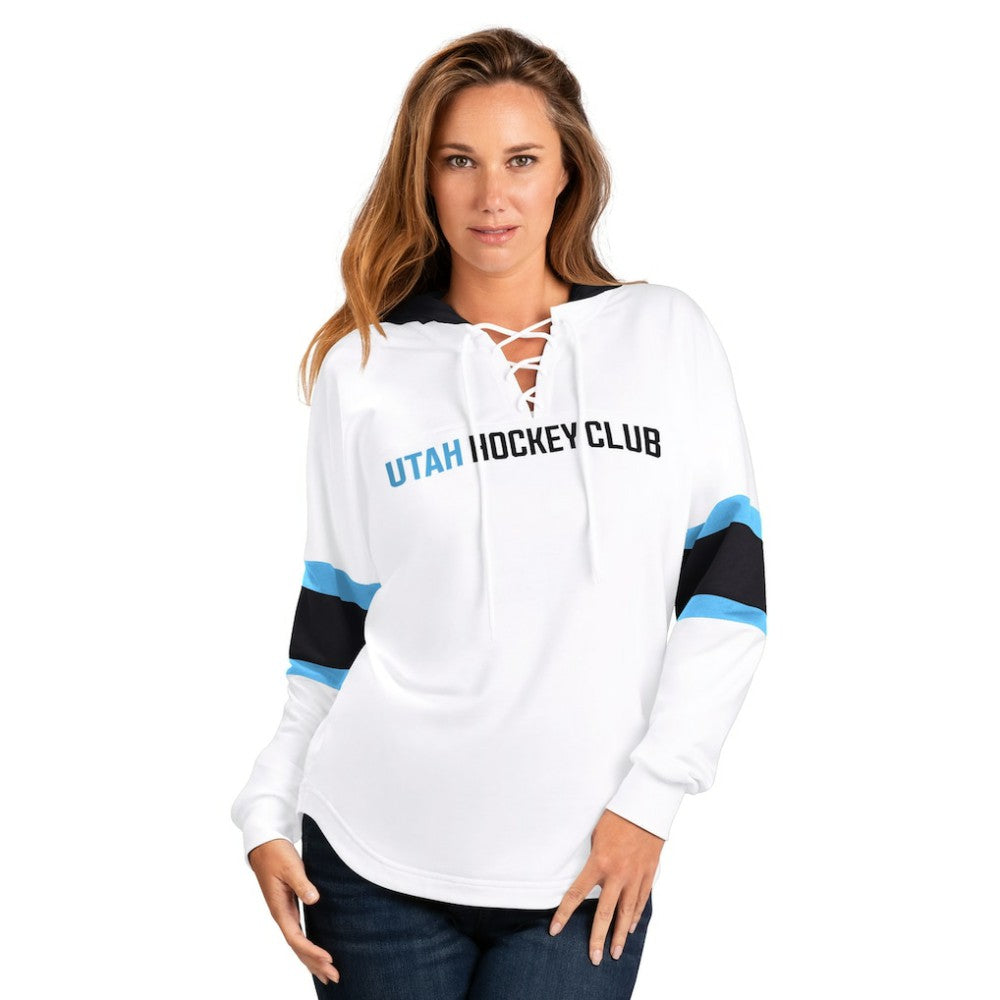 Utah Mammoth G-III 4Her by Carl Banks Women's Goal Zone Long Sleeve Lace-Up Hoodie T-Shirt - White T-shirts