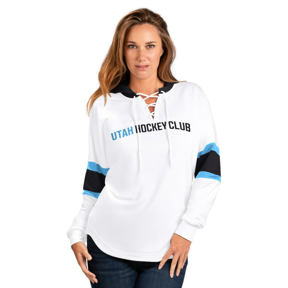 Utah Mammoth G-III 4Her by Carl Banks Women's Goal Zone Long Sleeve Lace-Up Hoodie T-Shirt - White T-shirts