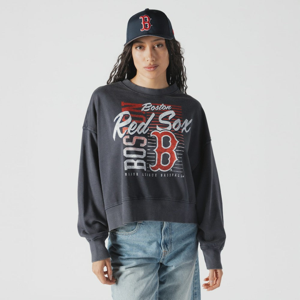Boston Red Sox Women's Boxy Mineral Wash Dolmen Sleeve Cropped Sweatshirt Navy