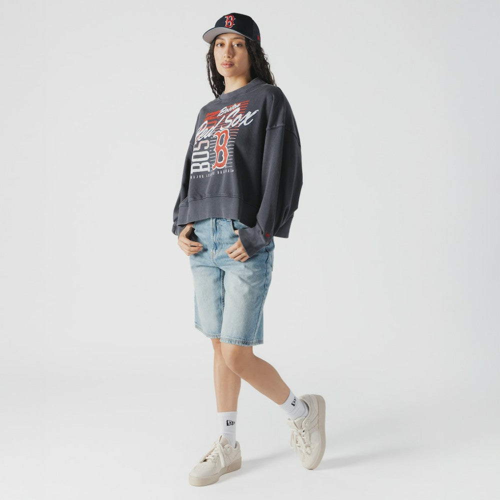 Boston Red Sox Women's Boxy Mineral Wash Dolmen Sleeve Cropped Sweatshirt Navy