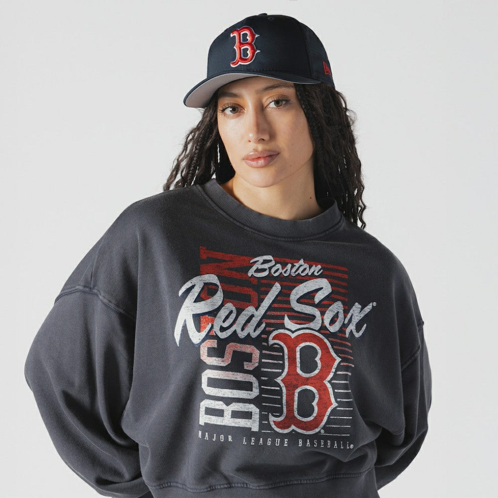 Boston Red Sox Women's Boxy Mineral Wash Dolmen Sleeve Cropped Sweatshirt Navy