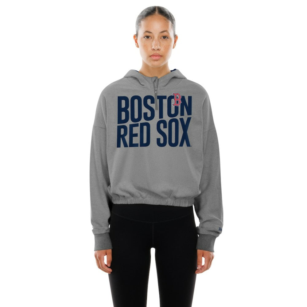 Boston Red Sox Women's Reversed Out French Terry Quarter-Zip Banded Crop Hoodie Heather Gray