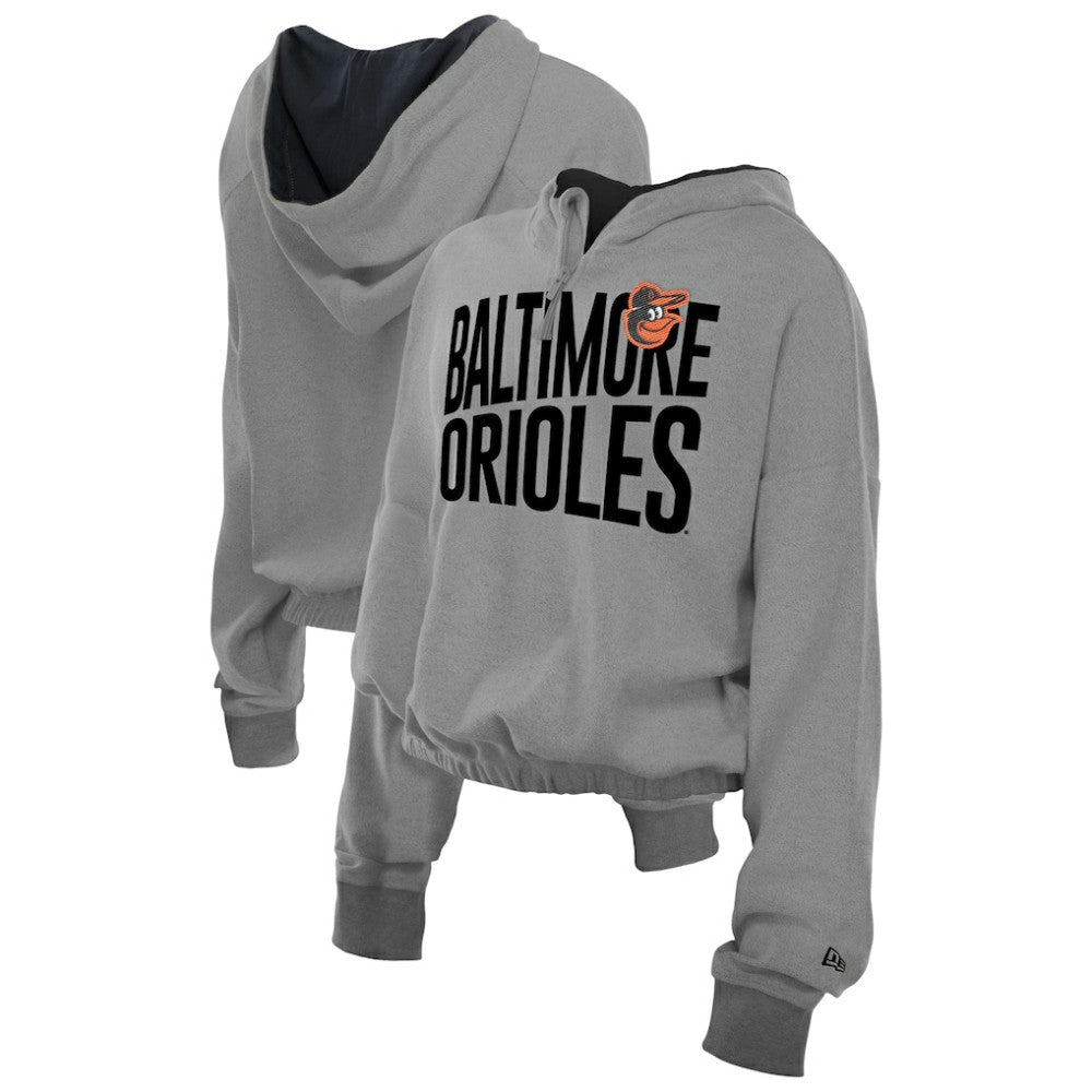 Baltimore Orioles Women's Reversed Out French Terry Quarter-Zip Banded Crop Hoodie Heather Gray