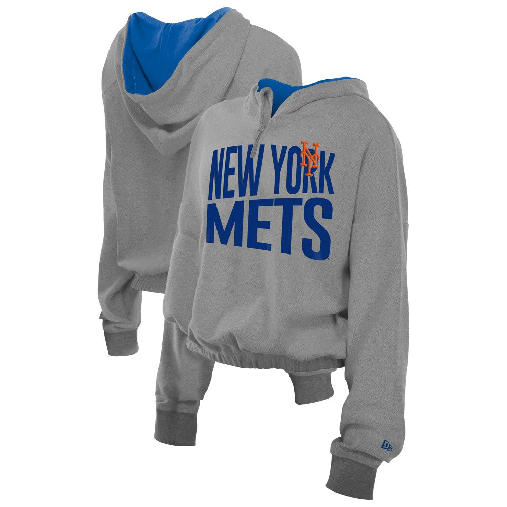 New York Mets Women's Reversed Out French Terry Quarter-Zip Banded Crop Hoodie Heather Gray