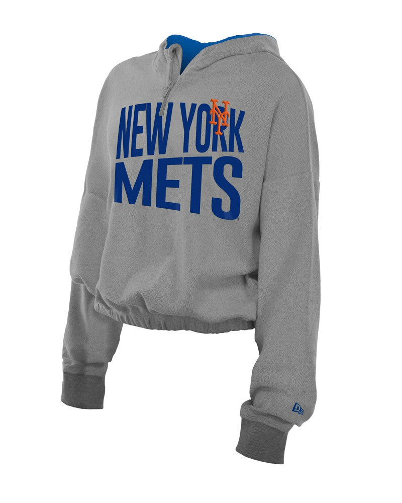 New York Mets Women's Reversed Out French Terry Quarter-Zip Banded Crop Hoodie Heather Gray
