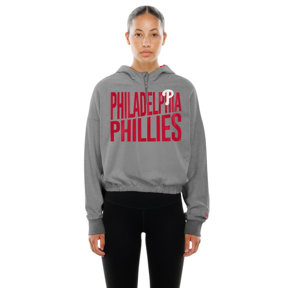 Philadelphia Phillies Women's Reversed Out French Terry Quarter-Zip Banded Crop Hoodie Heather Gray