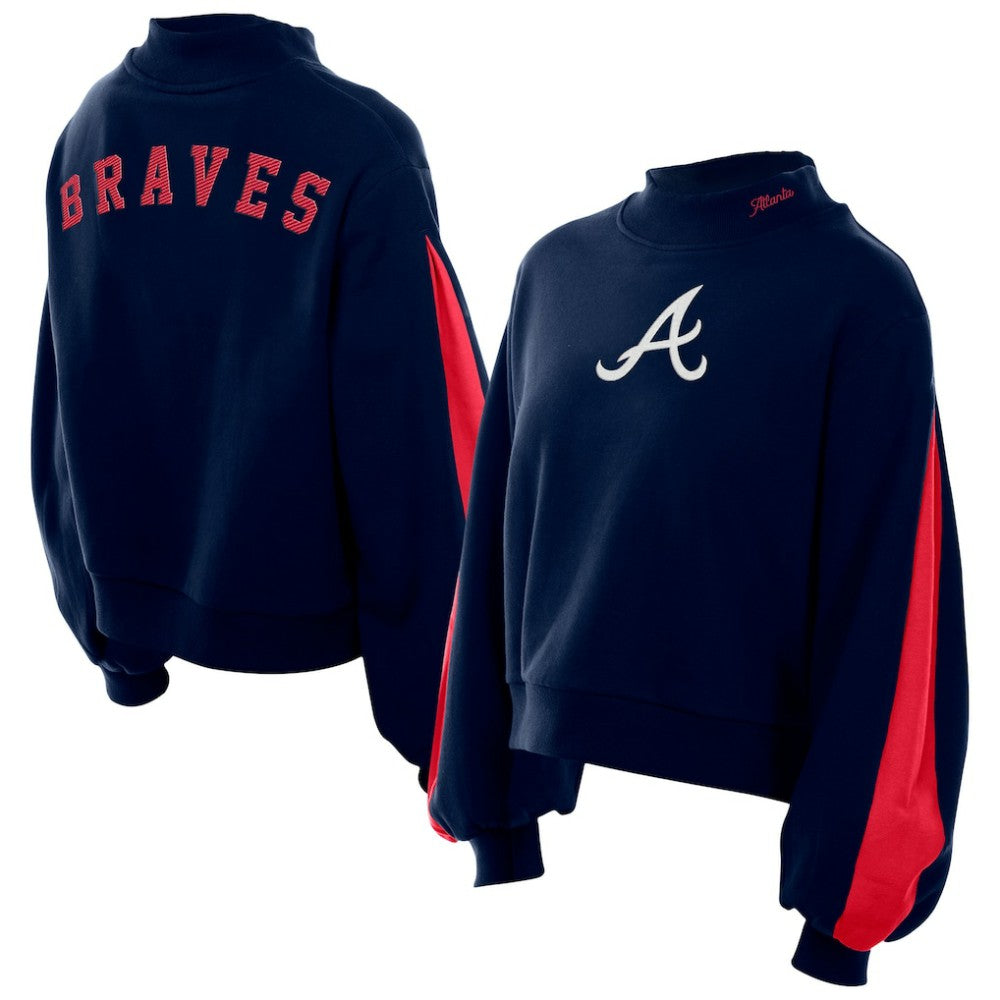 Atlanta Braves Women's Mock Neck Balloon Sleeve Sweatshirt Navy