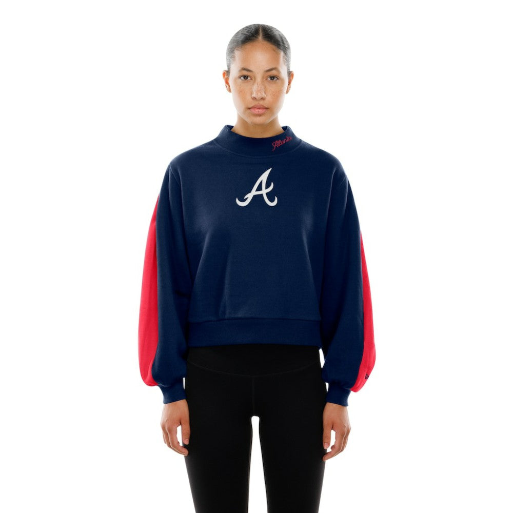 Atlanta Braves Women's Mock Neck Balloon Sleeve Sweatshirt Navy